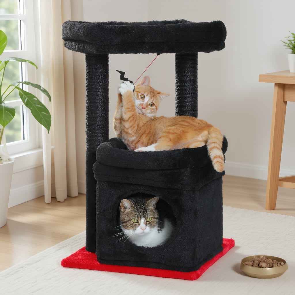 Pefilos 27" Cat Tree Tower for Indoor Cats with Scratching Posts, Climbing Cute Cat Condo, Cat Tree House, Black