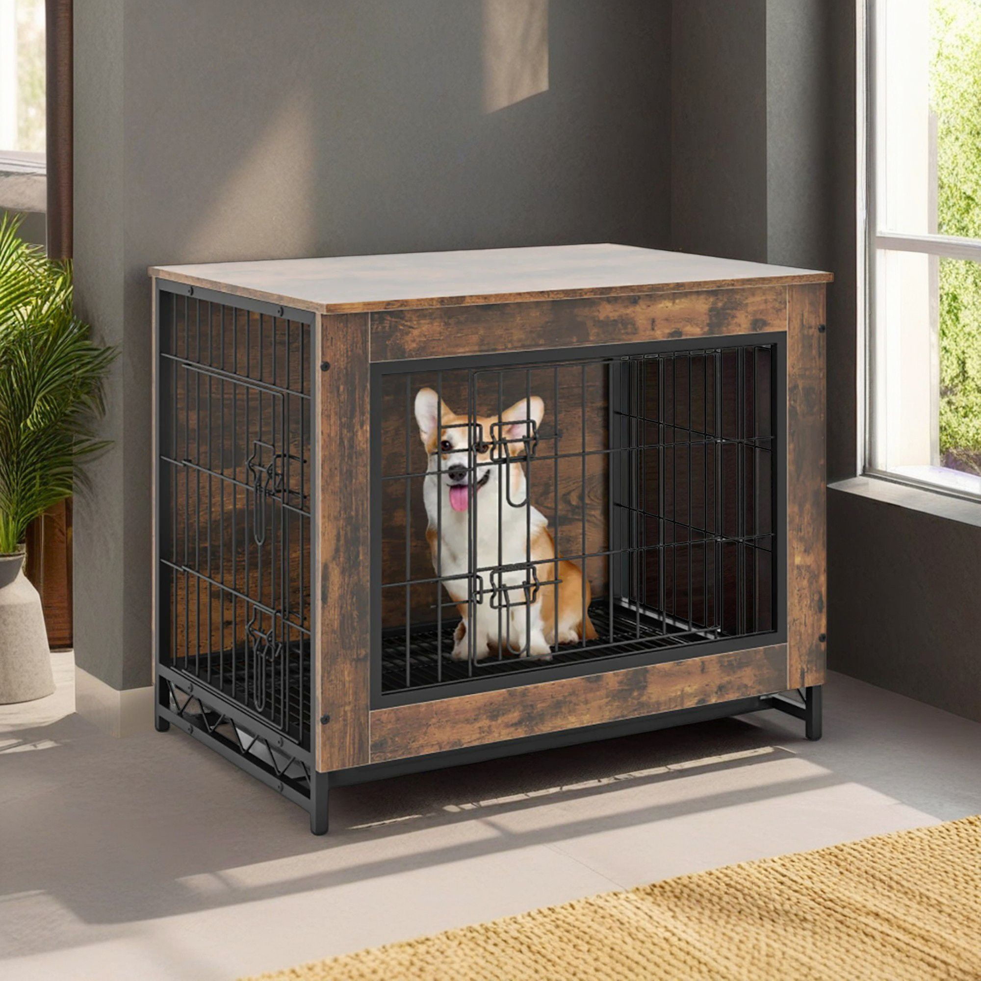 Pefilos 27" Dog Crate Furniture, Indoor Dog Kennel with Double Lockable Doors and Removable Tray, Decorative Pet Cage Dog House, Brown Pefilos 27" Dog Crate Furniture, Indoor Dog Kennel with Double Lockable Doors and Removable Tray, Decorative Pet Cage Dog House, Brown