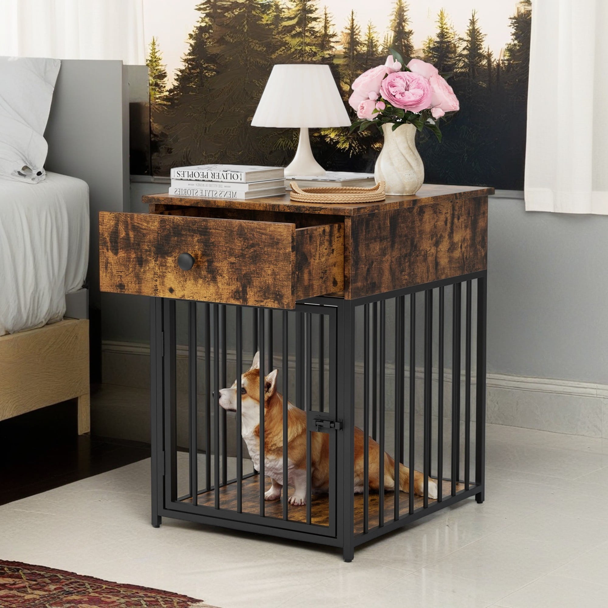 Pefilos 27" Dog Crate Furniture, Indoor Dog Kennel with Drawer, Decorative Pet Cage Dog House, Iron-Tube Dog Cage, Chew-Proof, Brown Pefilos 27" Dog Crate Furniture, Indoor Dog Kennel with Drawer, Decorative Pet Cage Dog House, Iron-Tube Dog Cage, Chew-Proof, Brown