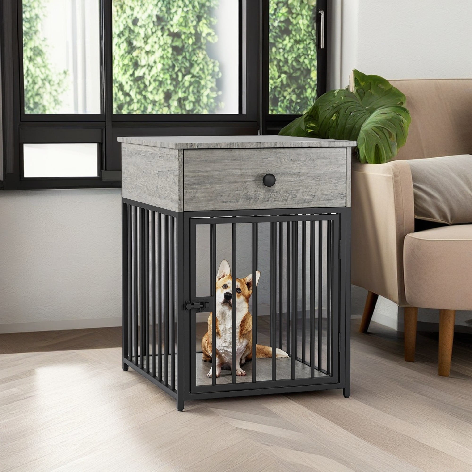 Gray and Black Small Dog Crate Table with Drawer