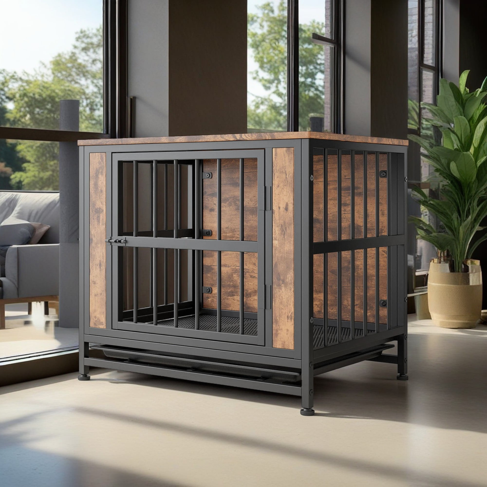 Pefilos 27" Dog Crate Furniture, Wooden Dog Kennel for Dogs with Removable Tray, Heavy-Duty Dog Cage End Table, Double Doors Dog House, Brown Pefilos 27" Dog Crate Furniture, Wooden Dog Kennel for Dogs with Removable Tray, Heavy-Duty Dog Cage End Table, Double Doors Dog House, Brown
