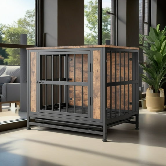 Pefilos 27" Dog Crate Furniture, Wooden Dog Kennel for Dogs with Removable Tray, Heavy-Duty Dog Cage End Table, Double Doors Dog House, Brown