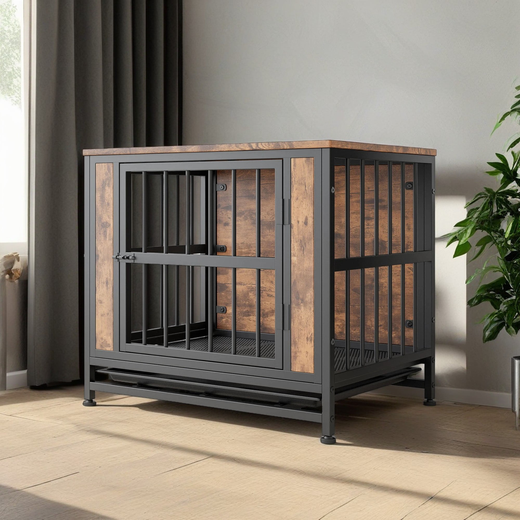 Pefilos 27" Dog Crate Furniture, Wooden Dog Kennel with 2 Sliding Doors and Thick Iron Door Frame, Decorative Dog Cage for Small Dog Indoor, Brown Pefilos 27" Dog Crate Furniture, Wooden Dog Kennel with 2 Sliding Doors and Thick Iron Door Frame, Decorative Dog Cage for Small Dog Indoor, Brown
