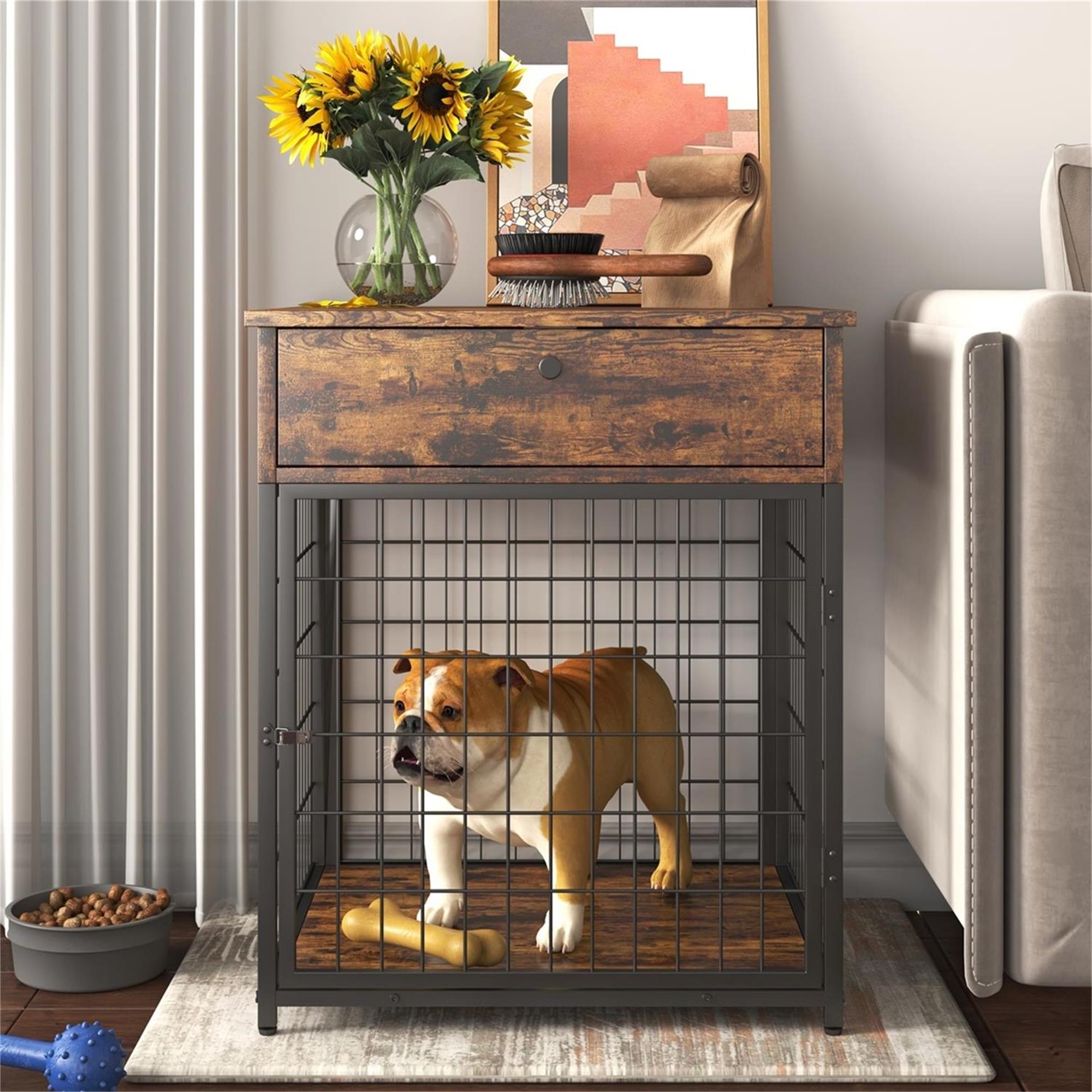 Pefilos 27" Dog Crate for Small Dogs with Storage Console, Mesh Pet Kennels, Decorative Indoor