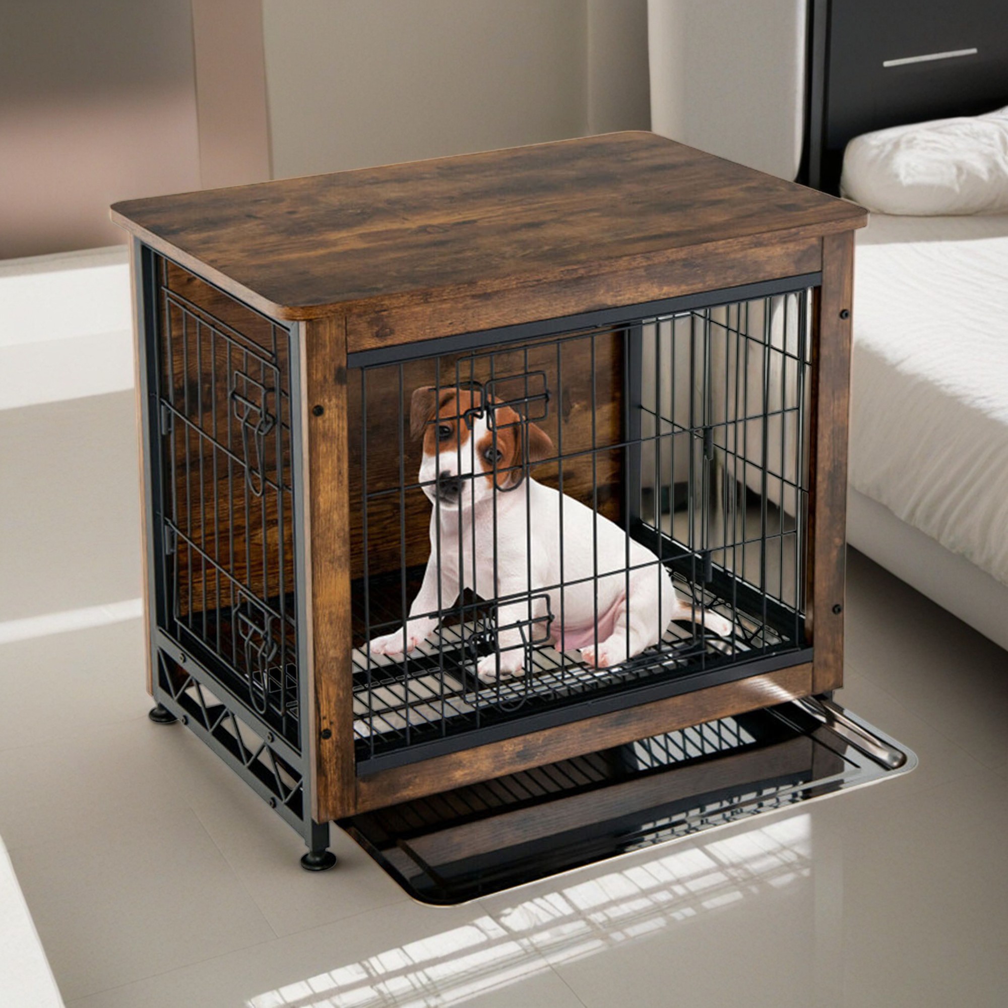 Pefilos 27" Dog Crate for Small Dogs with Tray and Double Door, Wood Dog Cages Furniture, Indoor Kennel, Brown Pefilos 27" Dog Crate for Small Dogs with Tray and Double Door, Wood Dog Cages Furniture, Indoor Kennel, Brown