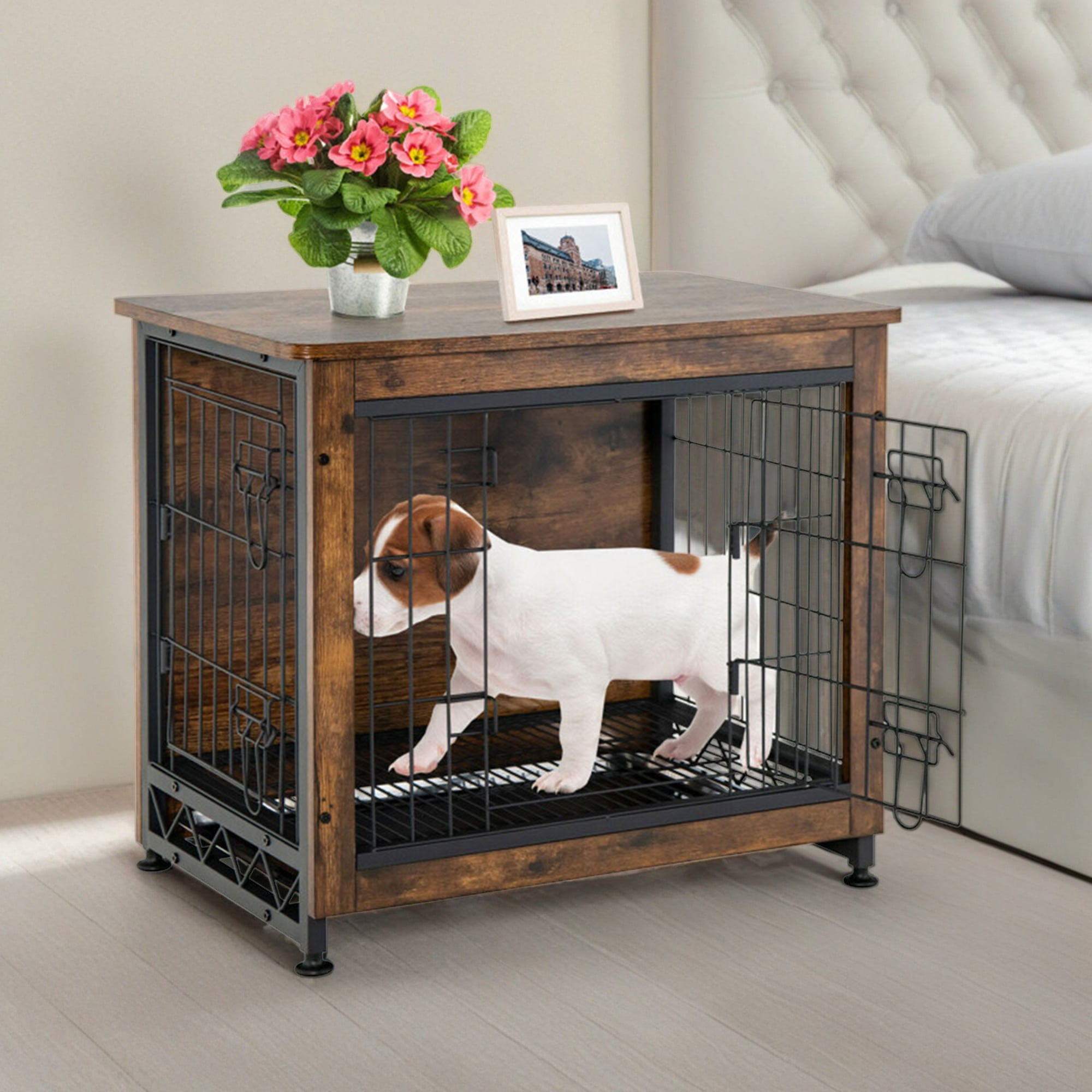 Pefilos 27" Dog Crates for Dogs with Tray and Double Door, Wood Indoor Dog Cages Furniture