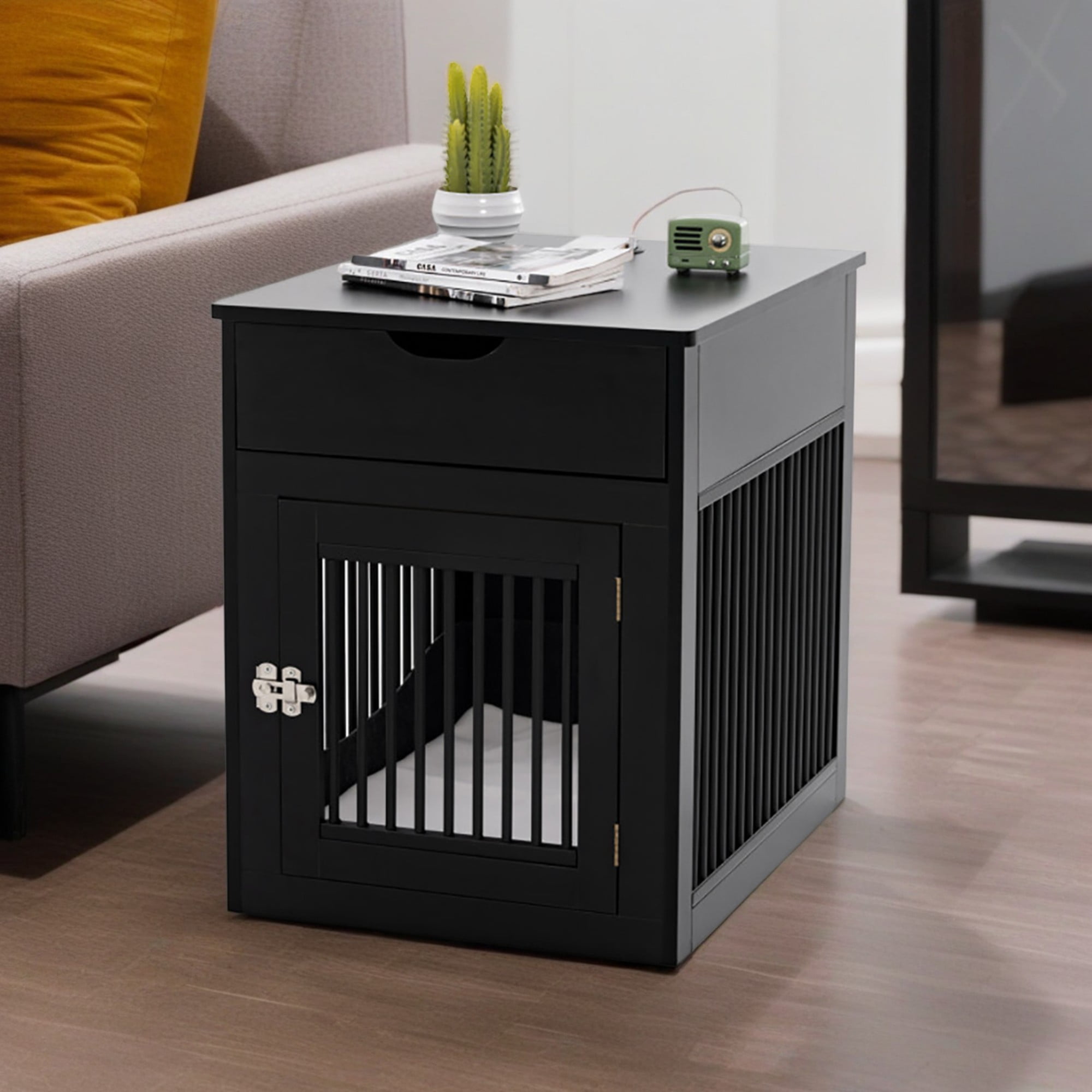 Pefilos 27" Dog Crates for Indoor Dogs with Drawer and Wired Wireless Charging, Dog Cage End Table, 2-In-1 Wood Pet Dog House, Black Pefilos 27" Dog Crates for Indoor Dogs with Drawer and Wired Wireless Charging, Dog Cage End Table, 2-In-1 Wood Pet Dog House, Black