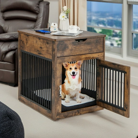 Pefilos 27" Dog Crates for Indoor Dogs with Drawer and Wired Wireless Charging, Dog Cage End Table, 2-In-1 Wood Pet Dog House, Brown