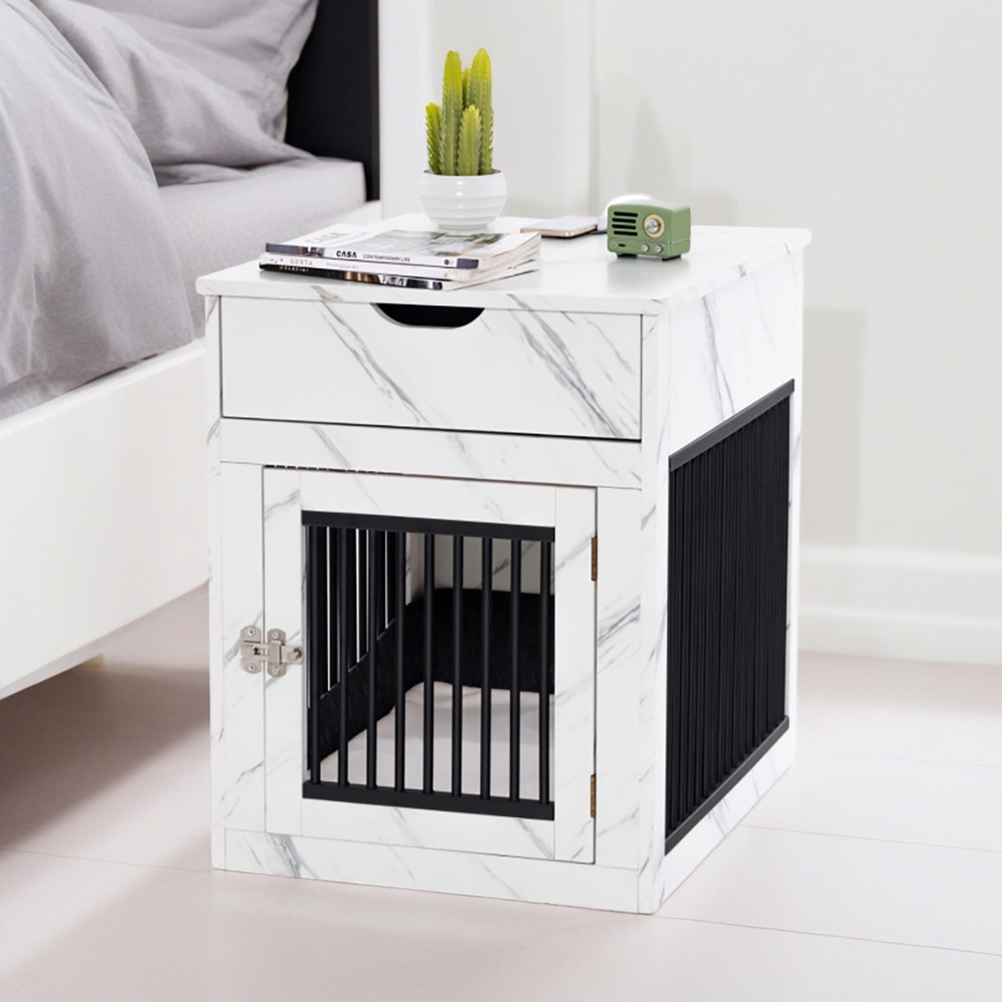 Pefilos 27" Dog Crates for Indoor Dogs with Drawer and Wired Wireless Charging, Dog Cage End Table, 2-In-1 Wood Pet Dog House, White Pefilos 27" Dog Crates for Indoor Dogs with Drawer and Wired Wireless Charging, Dog Cage End Table, 2-In-1 Wood Pet Dog House, White