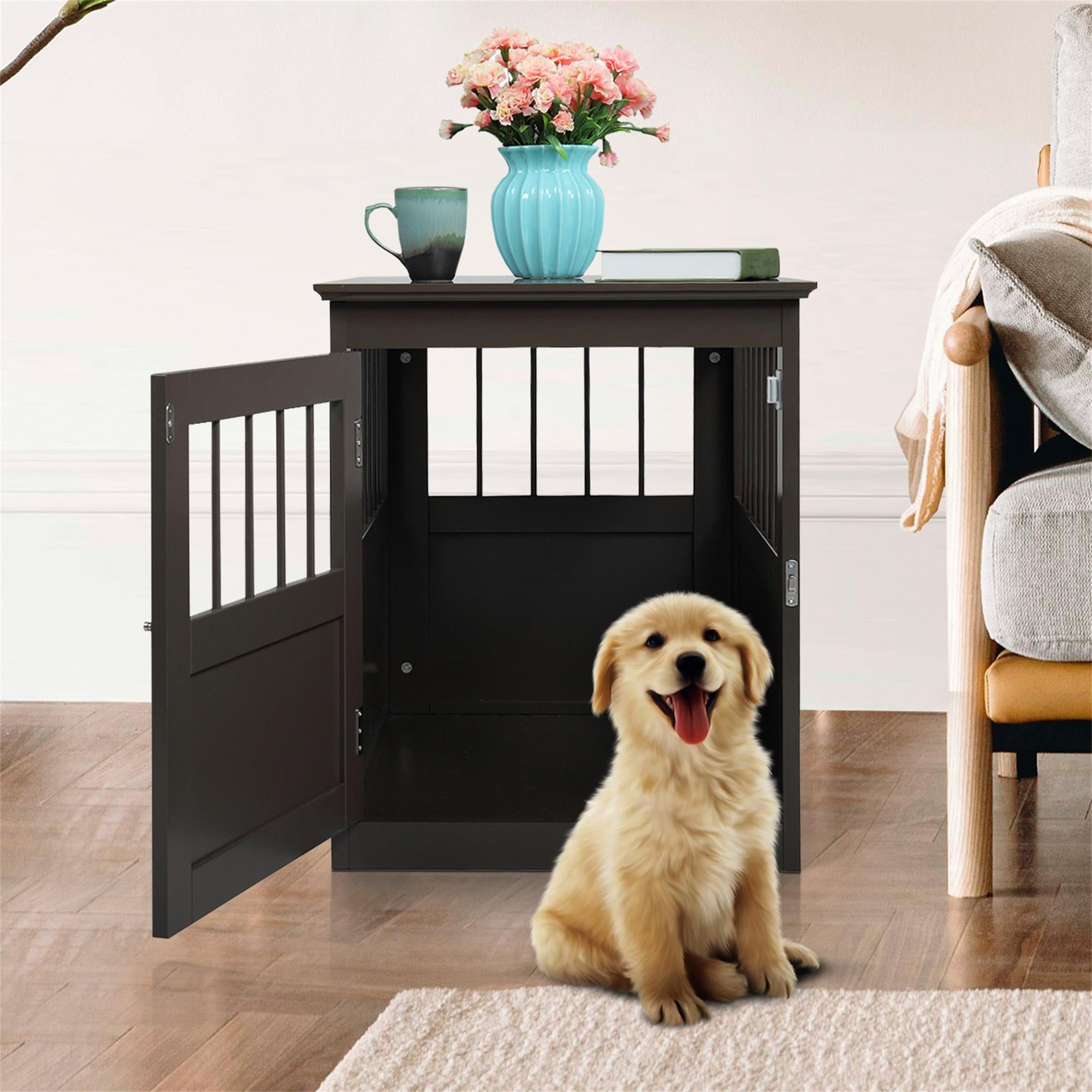 Pefilos 27" Dog Crates for Small and Medium Dogs, Wooden Dog Cage Furniture Table, Dog Kennel for Indoor, Dog House with Side Slats, Brown Pefilos 27" Dog Crates for Small and Medium Dogs, Wooden Dog Cage Furniture Table, Dog Kennel for Indoor, Dog House with Side Slats, Brown