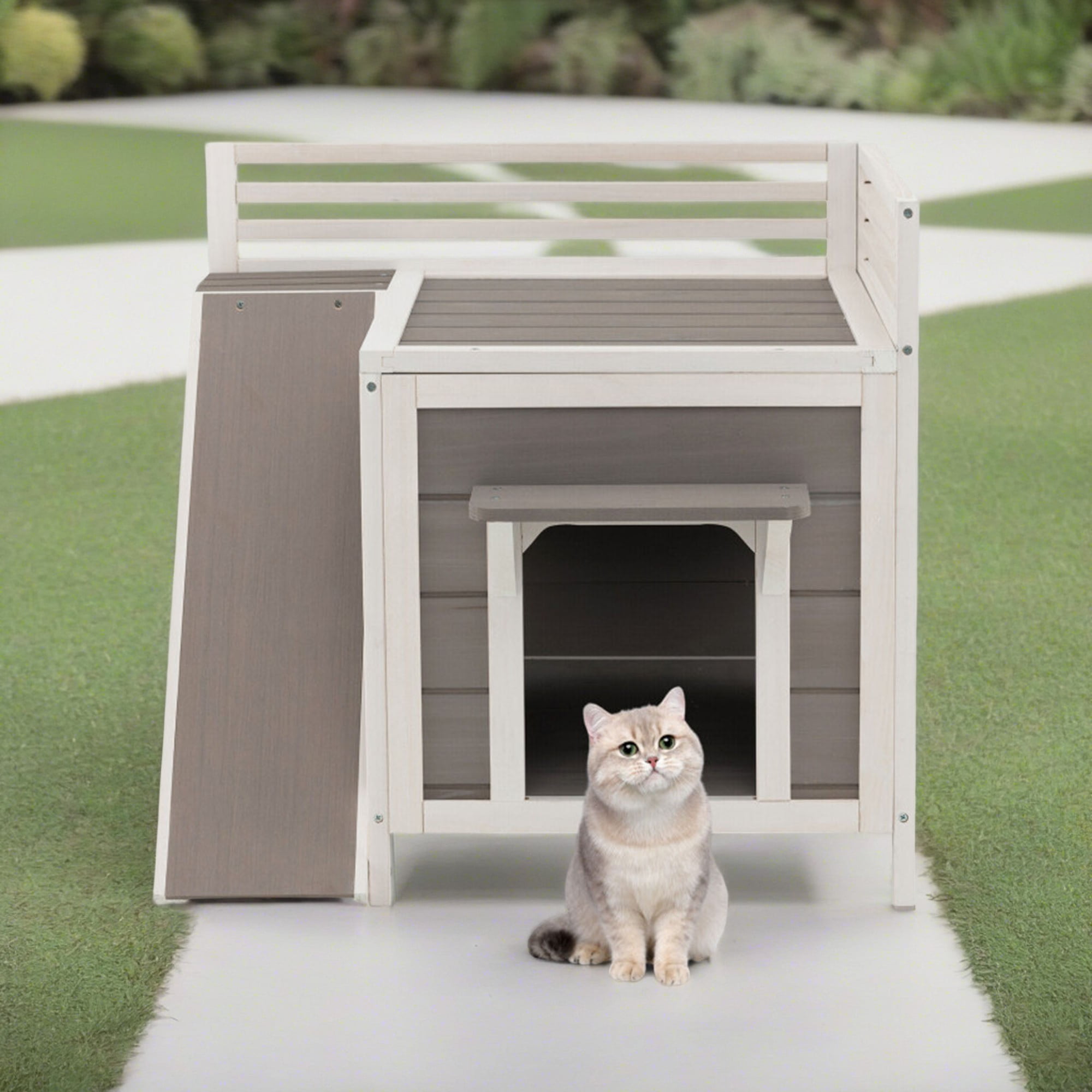 Pefilos 27 Outdoor Cat House Wood Cat Condo for Small Cats Weatherproof Cat Shelter with Escape Door Gray Walmart
