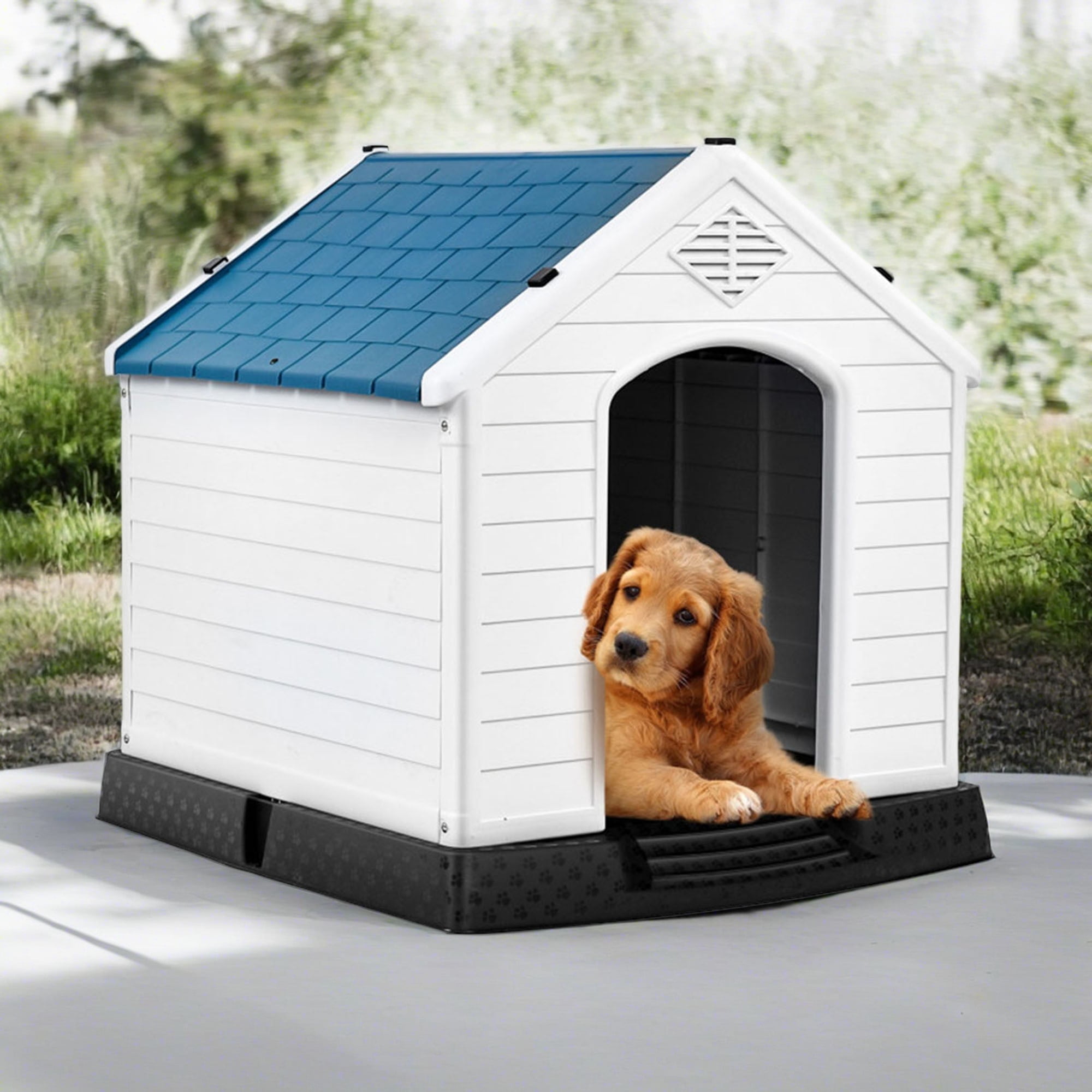 Pefilos 27" Outdoor Dog House, Sun Protection Pet Houses for Small Dogs, Weatherproof Cat House with Ventilation System and Fastening Device, White Pefilos 27" Outdoor Dog House, Sun Protection Pet Houses for Small Dogs, Weatherproof Cat House with Ventilation System and Fastening Device, White