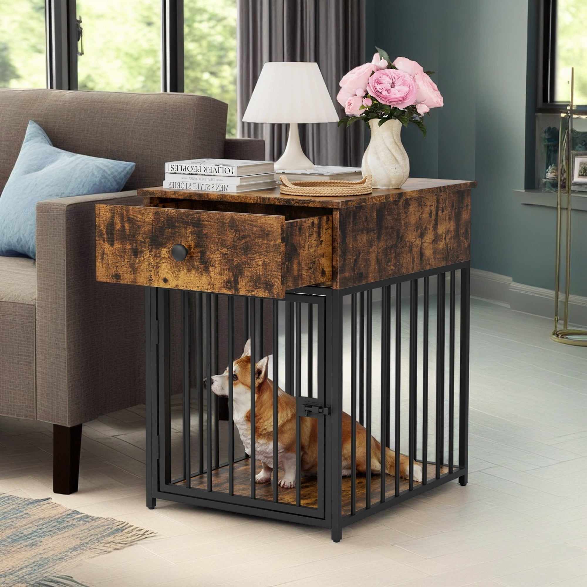 Pefilos 27" Wooden Dog Crate Furniture for Indoor Dogs, Dog Kennel with Drawer, Modern Dog Cage for Small/Medium Dogs, Brown Pefilos 27" Wooden Dog Crate Furniture for Indoor Dogs, Dog Kennel with Drawer, Modern Dog Cage for Small/Medium Dogs, Brown