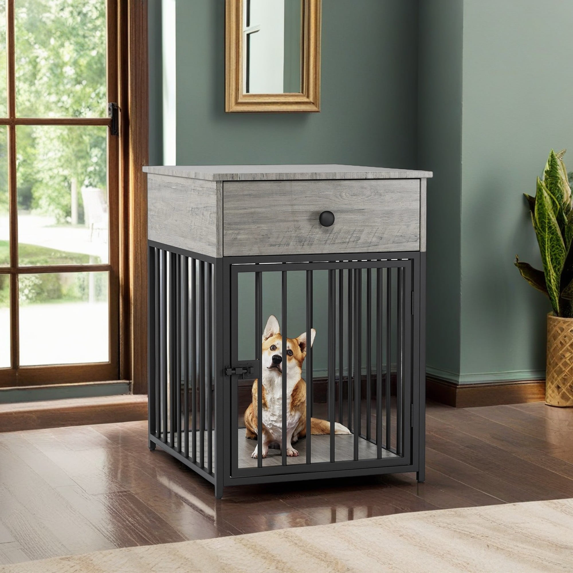 Pefilos 27" Wooden Dog Crate Furniture for Indoor Dogs, Dog Kennel with Drawer, Modern Dog Cage for Small/Medium Dogs, Gray Pefilos 27" Wooden Dog Crate Furniture for Indoor Dogs, Dog Kennel with Drawer, Modern Dog Cage for Small/Medium Dogs, Gray