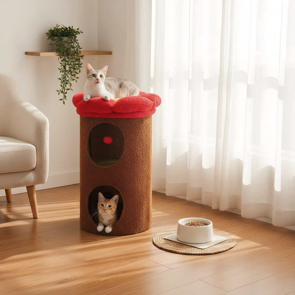 Pefilos 28" 2-Level Cat House Condo with Tree, 2 Cave Bed & Removable Flower Cat Cushion, Brown