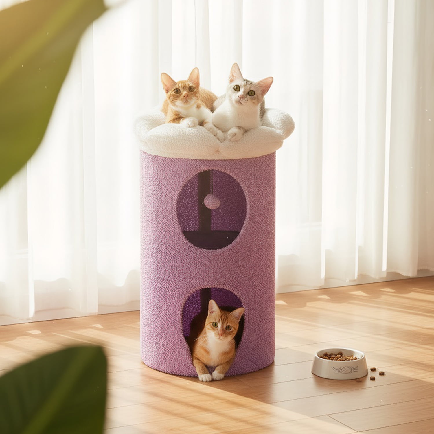 Pefilos 28" 2-Level Cat House Condo with Tree, 2 Cave Bed & Removable Flower Cat Cushion, Purple