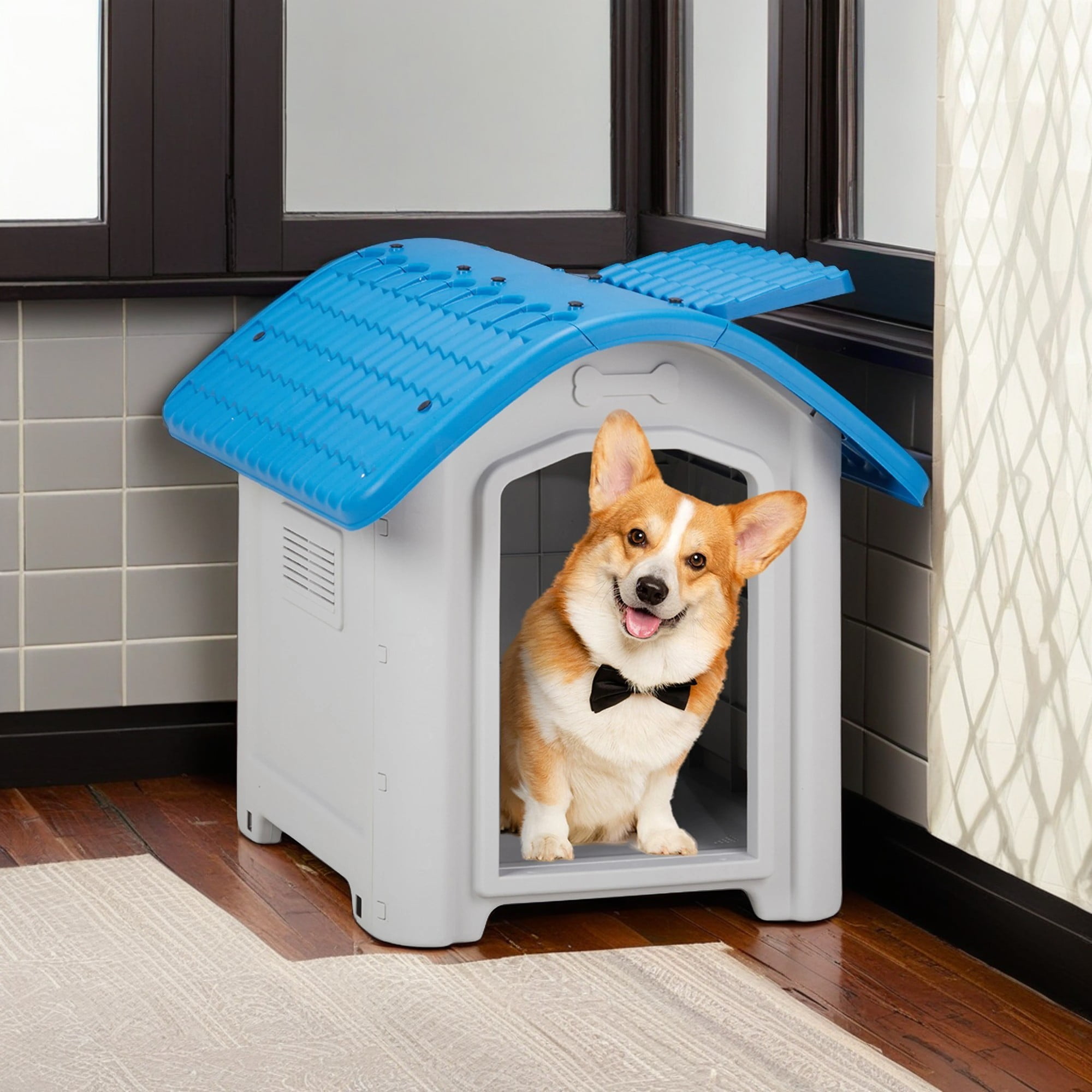 Pefilos 28" Durable Waterproof Plastic Dog House for Small Dogs, Indoor Outdoor Doghouse Puppy Shelter Kennel with Elevated Floor, Blue Pefilos 28" Durable Waterproof Plastic Dog House for Small Dogs, Indoor Outdoor Doghouse Puppy Shelter Kennel with Elevated Floor, Blue