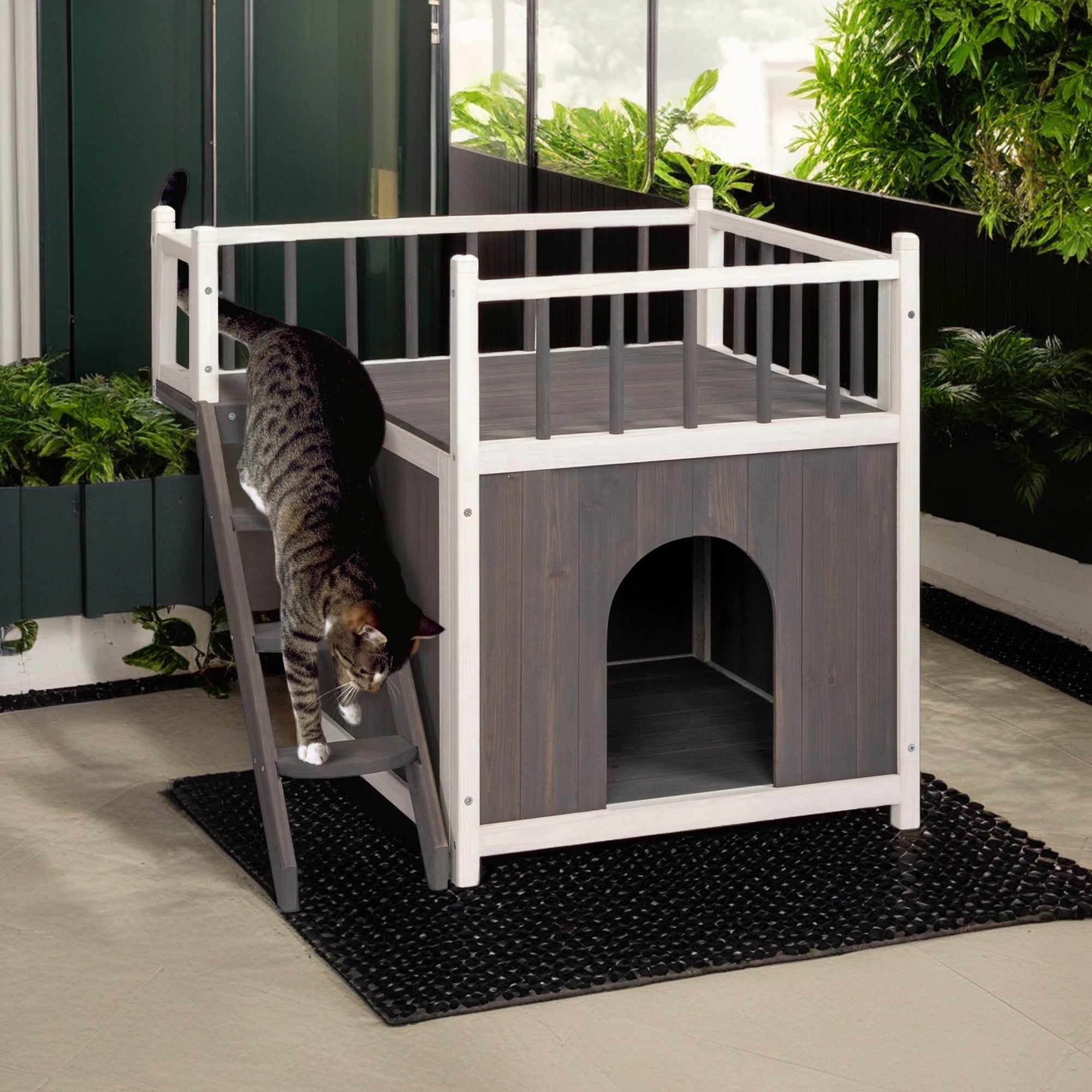 Pefilos 28" Elevated Cat House, Pet Home with Stairs, Weatherproof Feral Shelter, Ideal for Cats and Small Dogs, Gray Pefilos 28" Elevated Cat House, Pet Home with Stairs, Weatherproof Feral Shelter, Ideal for Cats and Small Dogs, Gray