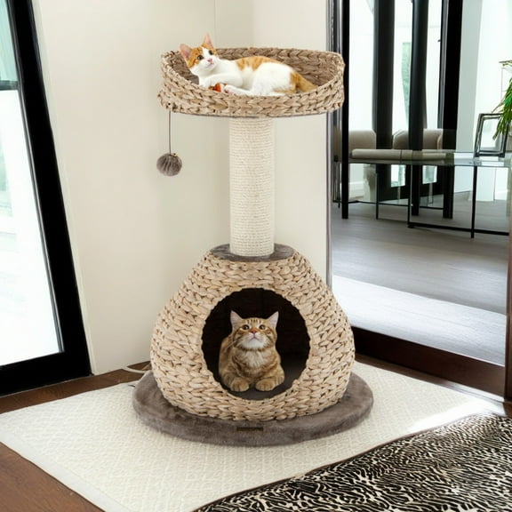 Pefilos 28" Modern Cat Tree Tower for Indoor Cats with Natural Sisal Scratching Posts, Hand-Woven Condo and Top Perch for Kittens Climb Play, Rest, Brown