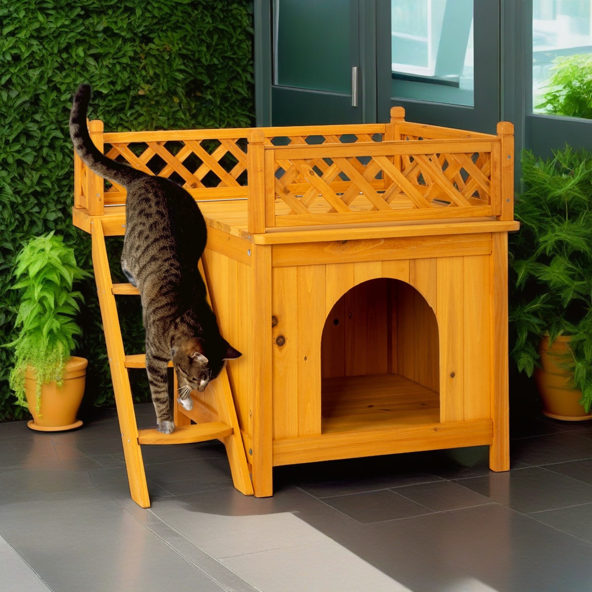 Pefilos 28" Outdoor Cat House, Wood Cat Condo for Small Cats, Weatherproof Cat Shelter with Escape Door, Orange Pefilos 28" Outdoor Cat House, Wood Cat Condo for Small Cats, Weatherproof Cat Shelter with Escape Door, Orange