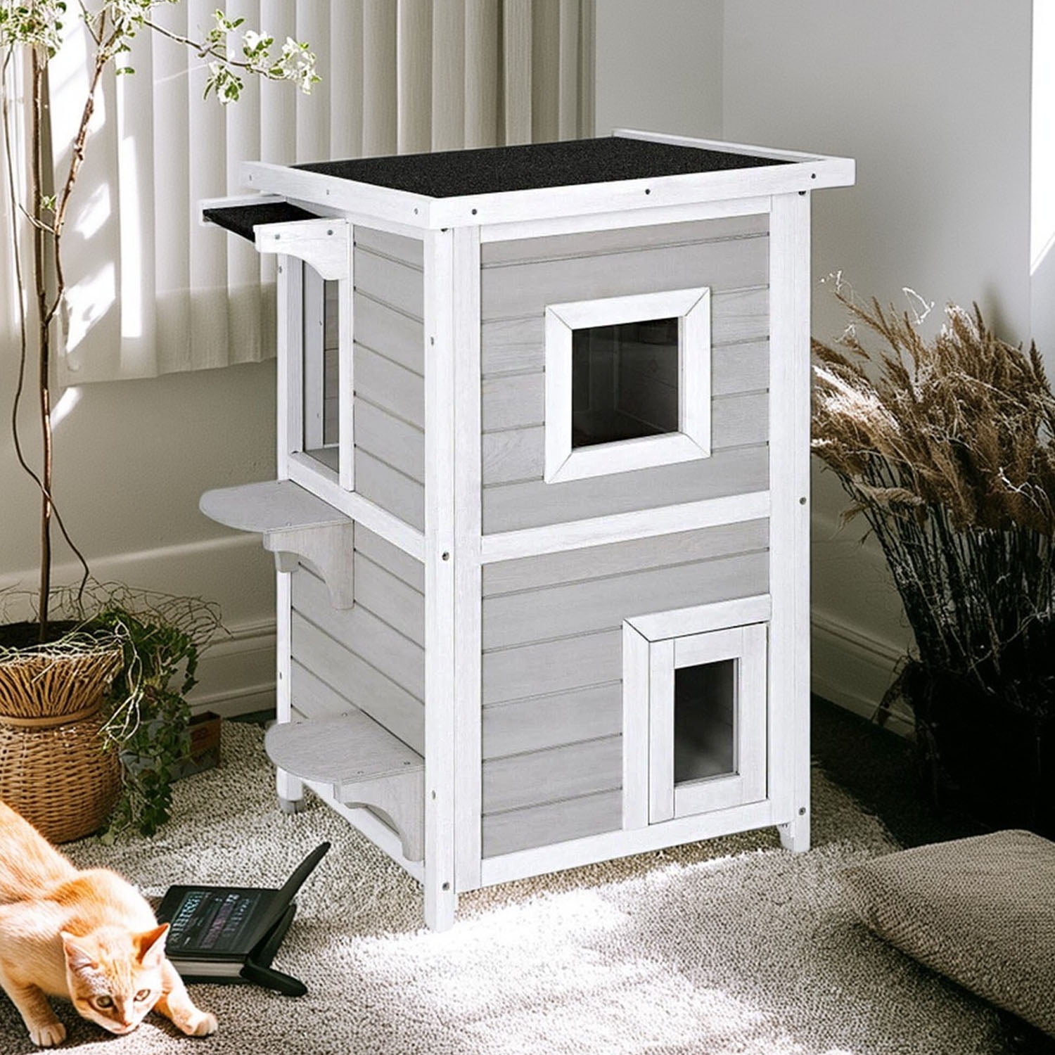 Pefilos 32" Outdoor Wooden Cat House with Escape Door, Opening Roof, Outside 2-Story Feral Cat Shelter, Indoor Kitty Condo, Light Gray