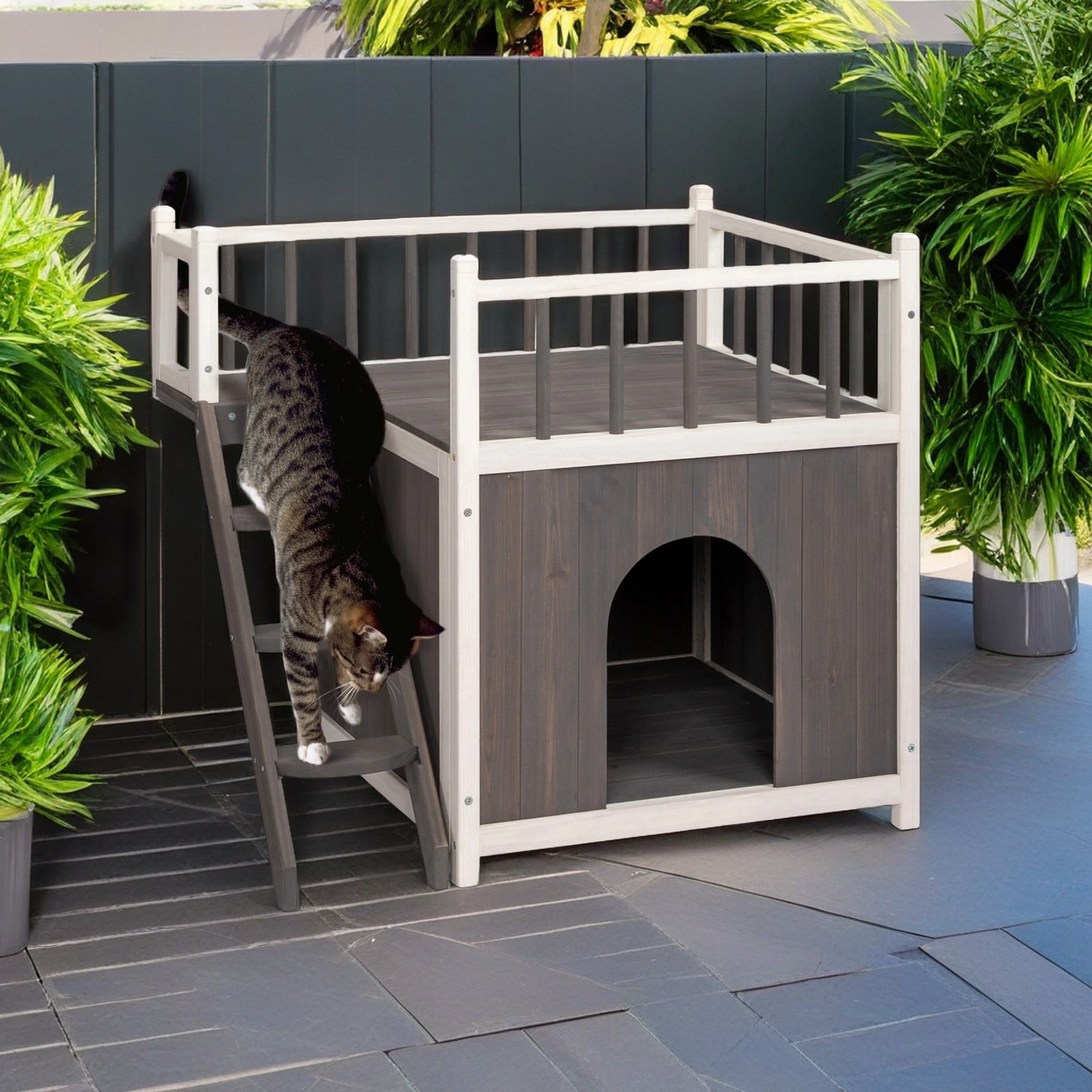 Pefilos 28" Outdoor Feral Cat House Indoor Kitty Condo with Stairs for Cats Insulated, Weatherproof Roof, Gray Pefilos 28" Outdoor Feral Cat House Indoor Kitty Condo with Stairs for Cats Insulated, Weatherproof Roof, Gray