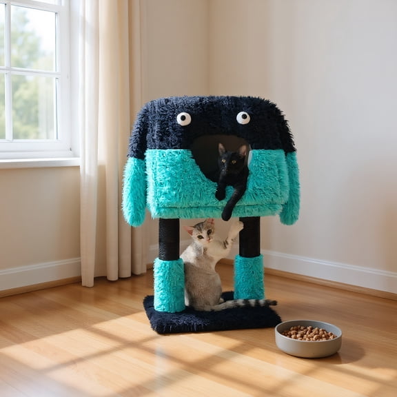 Pefilos 28" Tall Cartoon-Themed Cat Tree, 2 in 1 Cat Scratching Post with Condo, Artistic Modeling Playing Tower with a Soft Removable Cat Bed, Blue