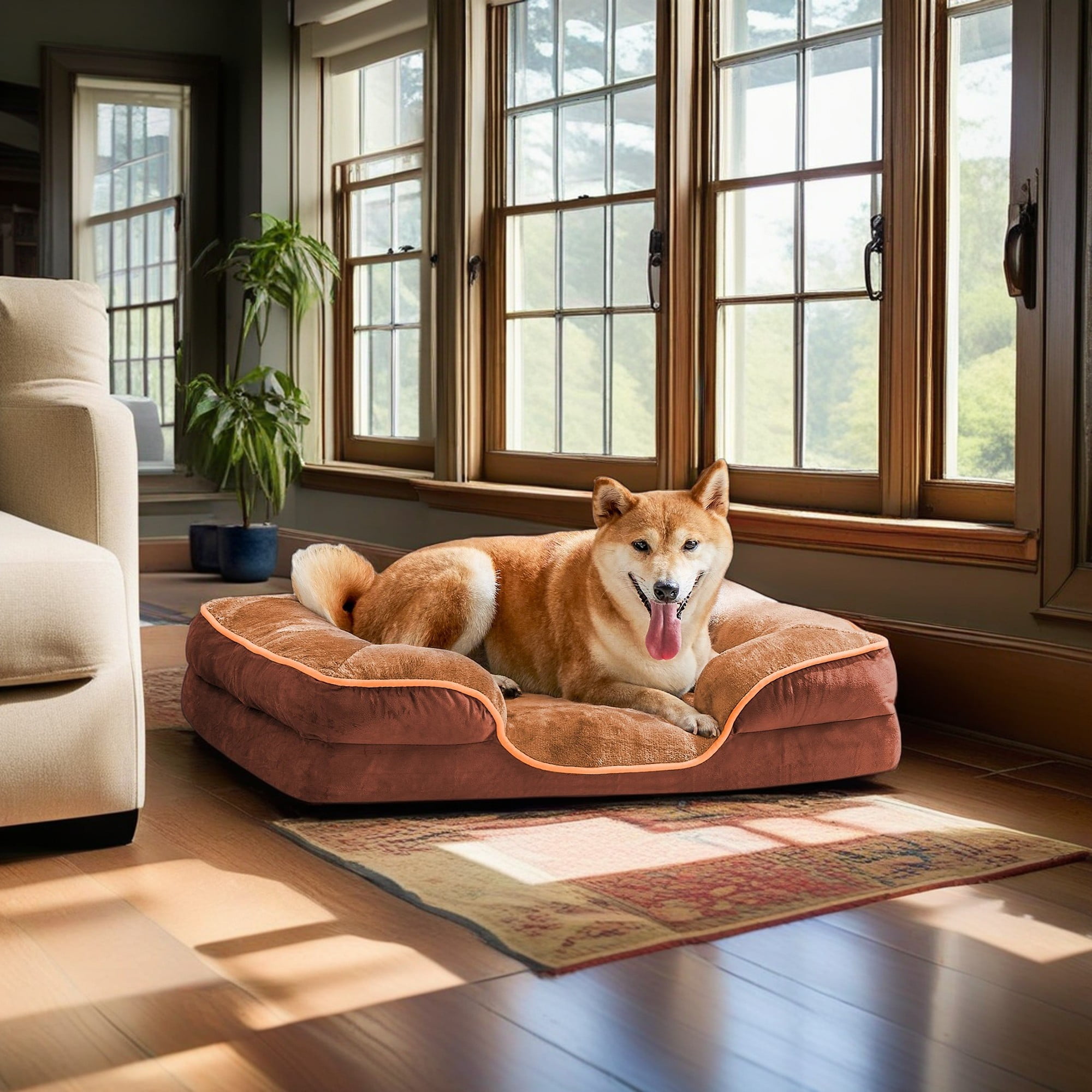 Pefilos 28"x23" Orthopedic Dog Beds, Waterproof Memory Foam Dog Sofa Bed with Sides, Non-Slip Bottom Pet Bed with Washable Removable Cover, Brown