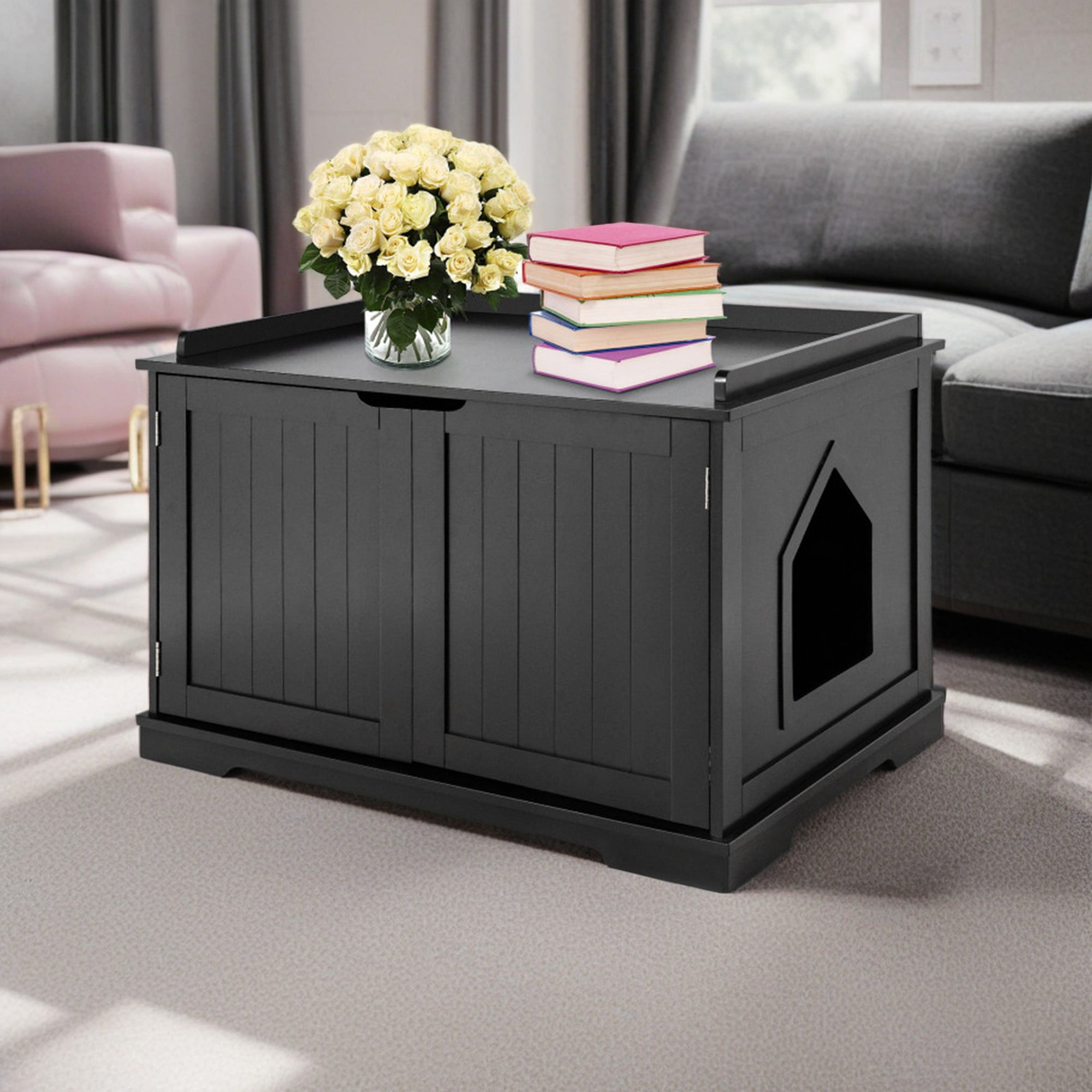 Pefilos 29" Cat Litter Box Enclosure with Double Doors for Large Cat and Kitty, Hidden Cat House Washroom Furniture, Black Pefilos 29" Cat Litter Box Enclosure with Double Doors for Large Cat and Kitty, Hidden Cat House Washroom Furniture, Black