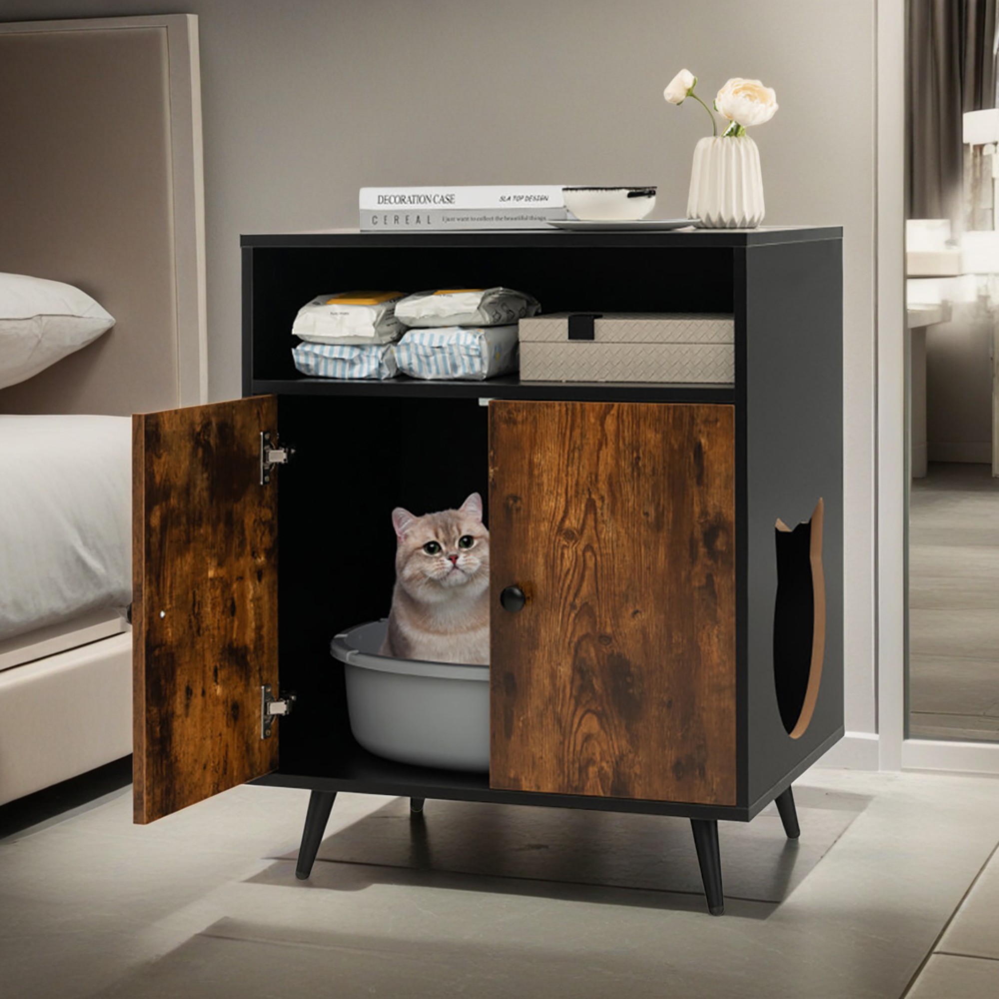 Pefilos 29" Wood Hidden Cat Litter Box Enclosure with Entry and Open Compartment, Cat Houses Condo Furniture Cabinet, Brown Pefilos 29" Wood Hidden Cat Litter Box Enclosure with Entry and Open Compartment, Cat Houses Condo Furniture Cabinet, Brown