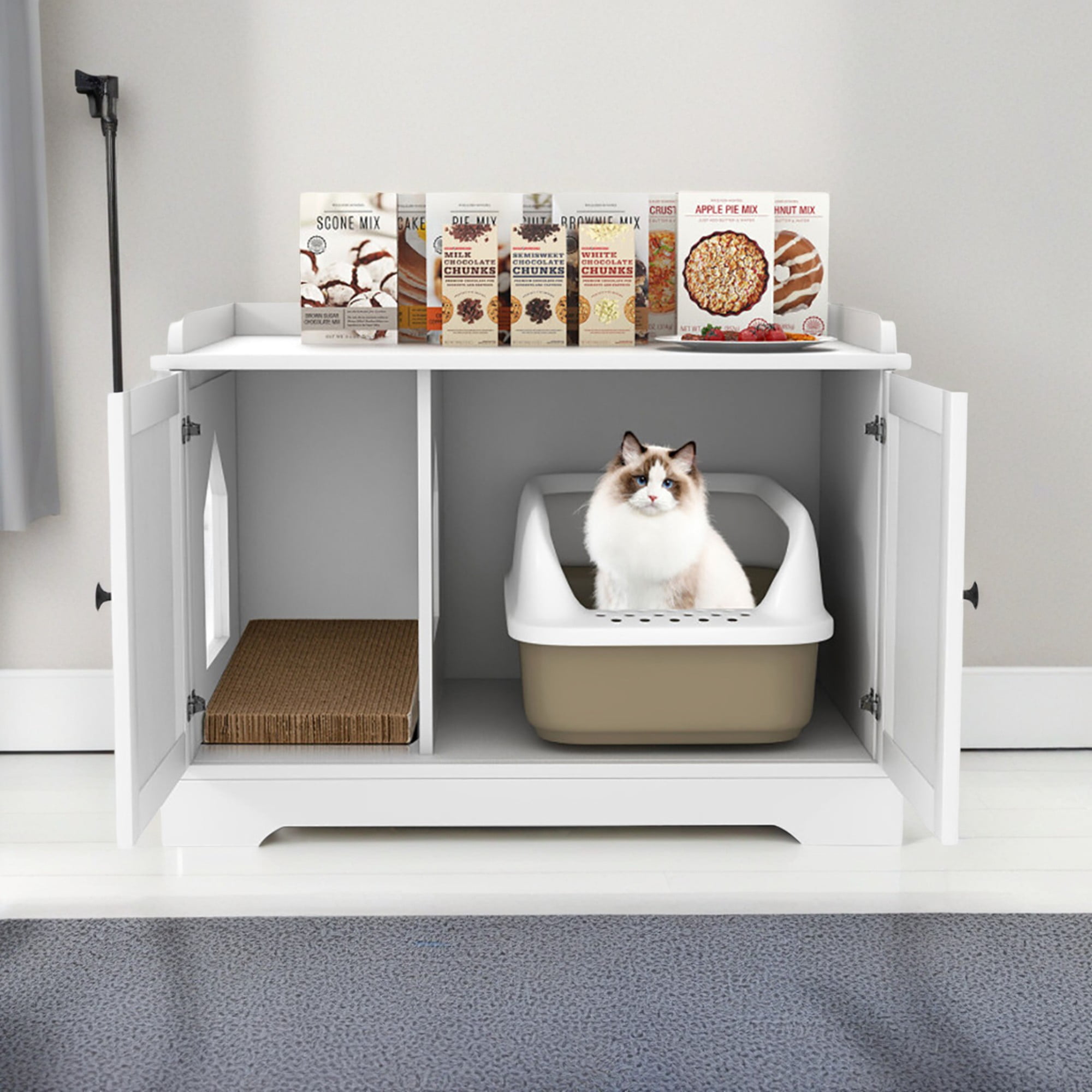 Pefilos 29" Wooden Cat House with Scratching Pad and Adjustable Divider, Cat Litter Box Furniture Hidden, Cat Washroom Enclosure, White Pefilos 29" Wooden Cat House with Scratching Pad and Adjustable Divider, Cat Litter Box Furniture Hidden, Cat Washroom Enclosure, White