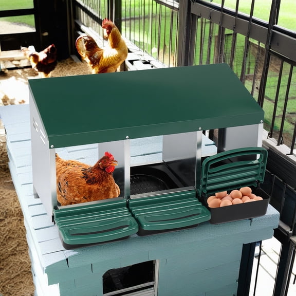 Pefilos 3 Compartment Roll Out Chicken Nesting Box with Plastic Basket, Egg Nest Box Chicken Laying Box Hens Chicken Coop Poultry Box, Green