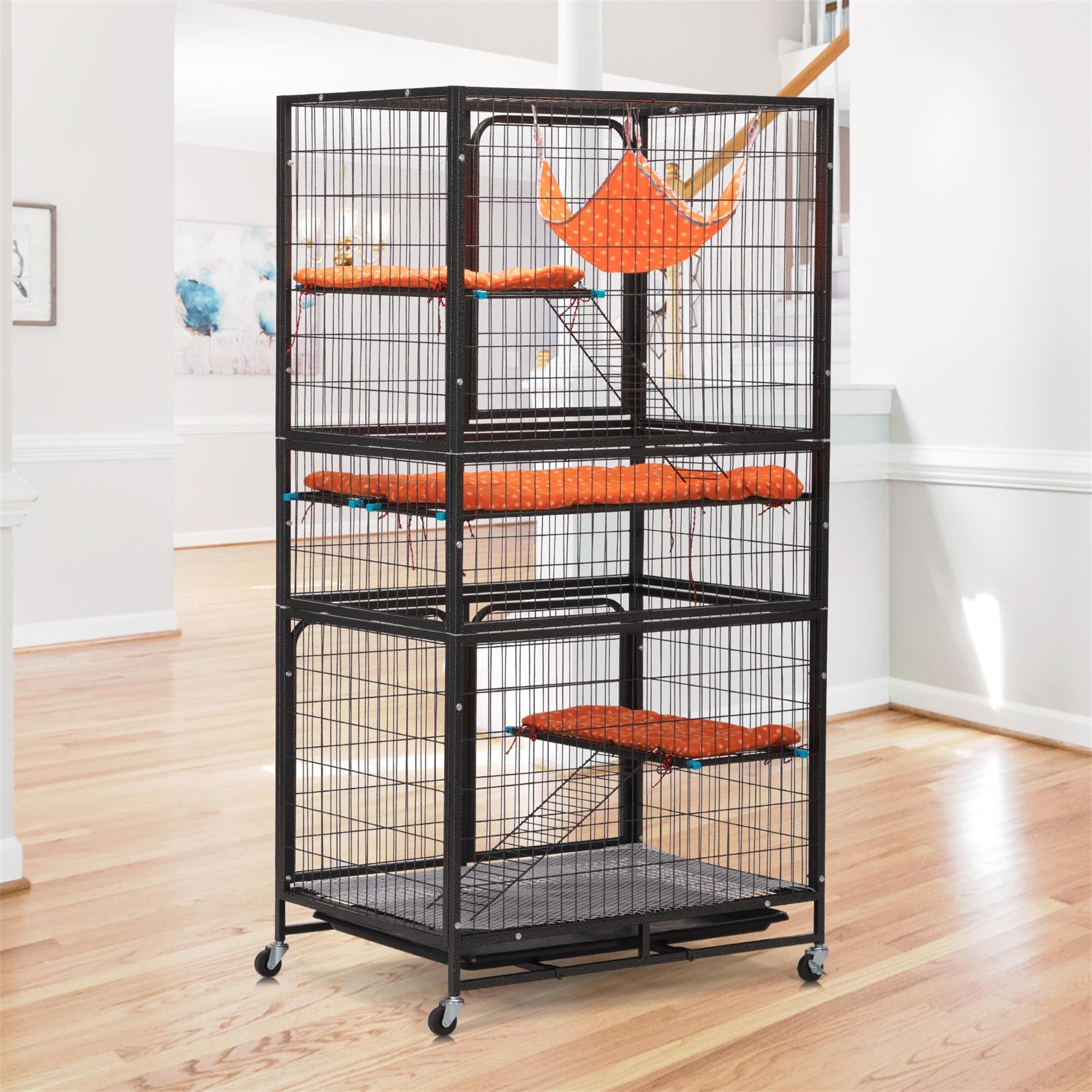 Pefilos 3 Door Iron Pet Cage for All Ferrets and Small Animal, Rabbit Hutch, Guinea Pig Cage with Universal Wheels Load Capacity 44lb, Black Pefilos 3 Door Iron Pet Cage for All Ferrets and Small Animal, Rabbit Hutch, Guinea Pig Cage with Universal Wheels Load Capacity 44lb, Black