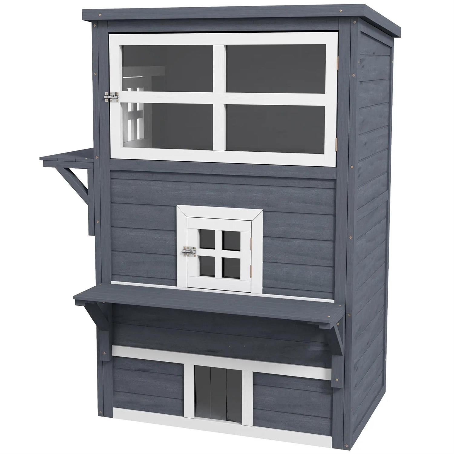 Pefilos 3-Tier Outdoor Weatherproof Cat House with 5 Escape Door, Wooden Feral Shelter for Cats and Small Animals, Dark Gray