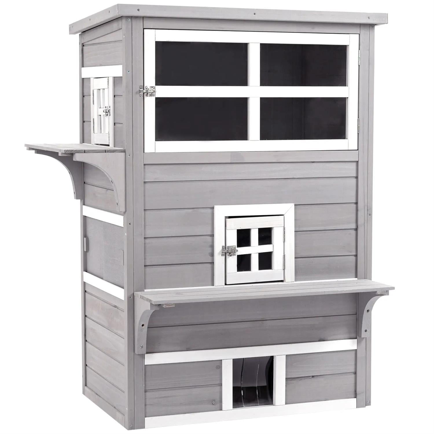 Pefilos 3-Tier Outdoor Weatherproof Cat House with 5 Escape Door, Wooden Feral Shelter for Cats and Small Animals, Gray