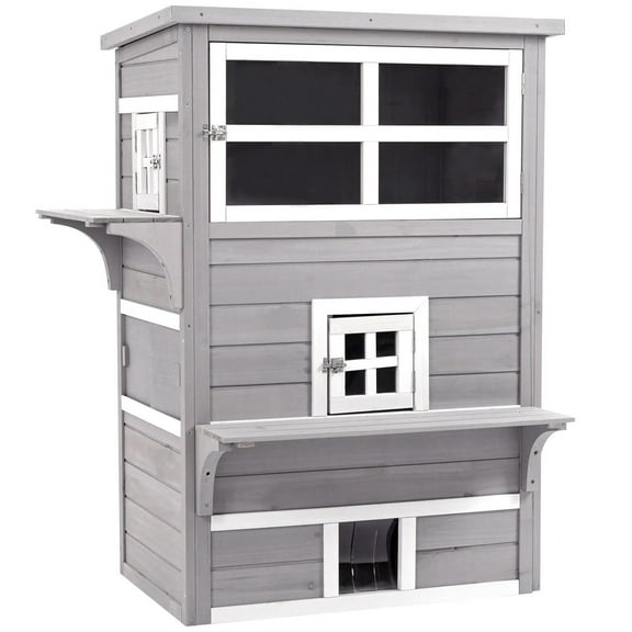 Pefilos 3-Tier Outdoor Weatherproof Cat House with 5 Escape Door, Wooden Feral Shelter for Cats and Small Animals, Gray