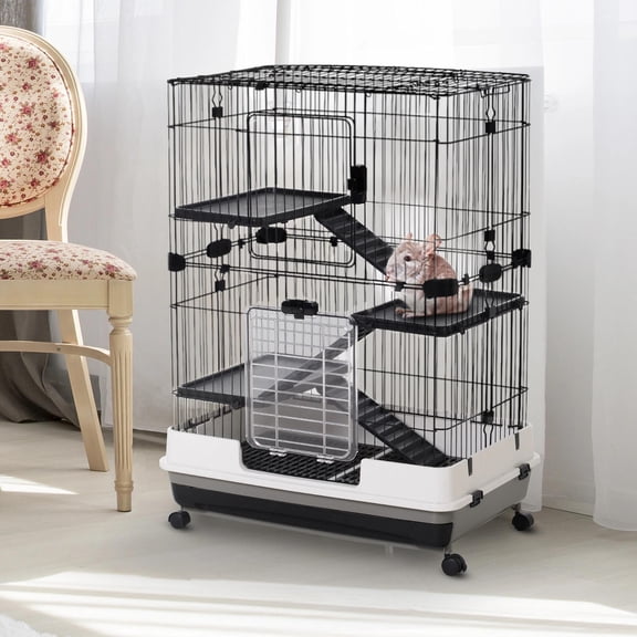 Pefilos 3-Tier Wire Cat Cage Playpen Kennel, 32" Collapsible Small Animal Metal Pet Cage with Lockable Casters Pull-out Tray for Rabbit Chinchilla Ferret Guinea Pig Squirrel Hedgehog, Gray