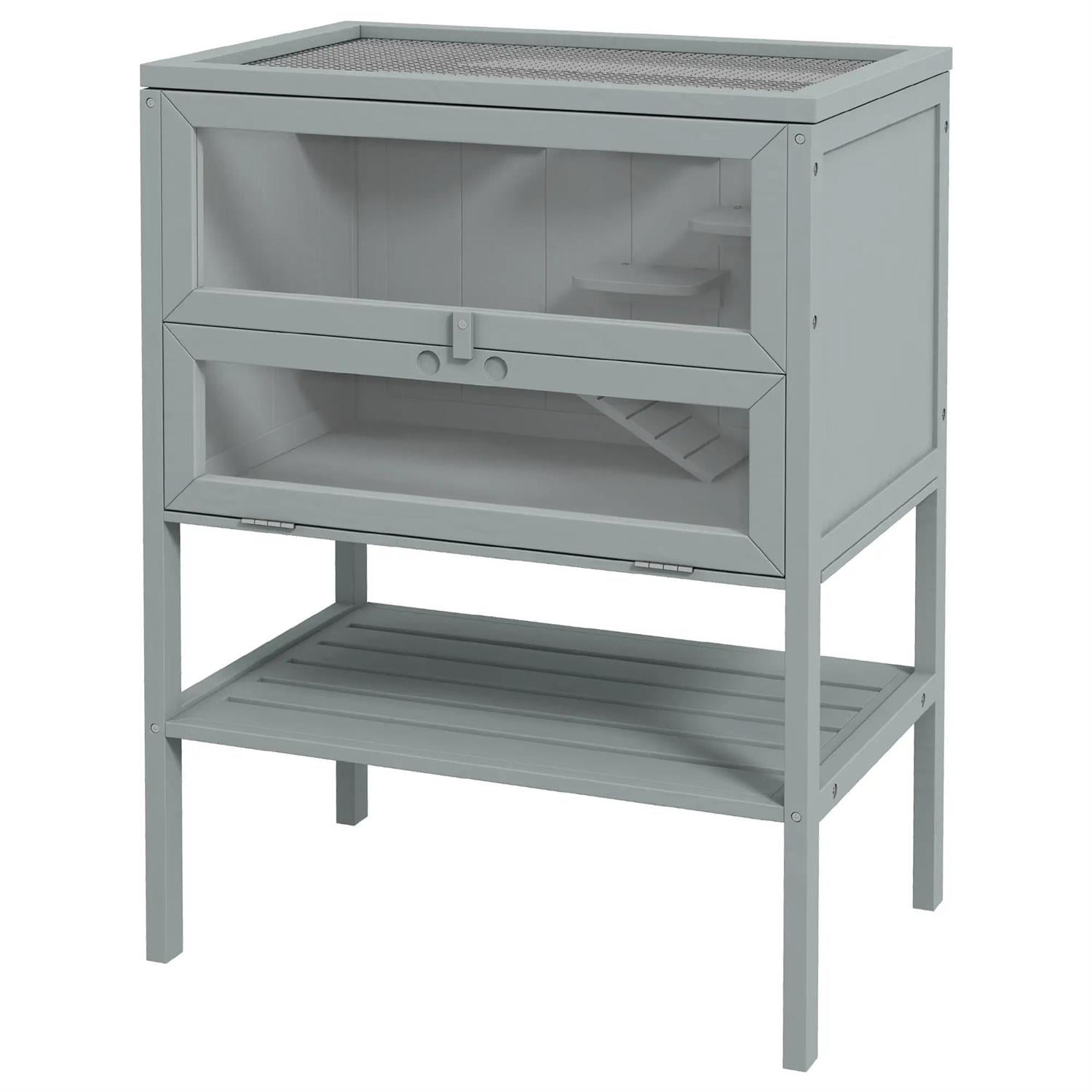 Pefilos 3-Tier Wooden Hamster Cage with Openable Top, Seesaws, Water Bottle, Small Animal Cage for Syrian Hamsters Degus or Other Similar, Gray