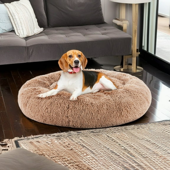 Pefilos 30" Calming Dog Bed Sofa, Anti-Slip Round Fluffy Plush Pet Cat Bed, Anti-Anxiety Donut Cuddler Warming Cozy Soft Round Cushion Bed for Indoor, Beige
