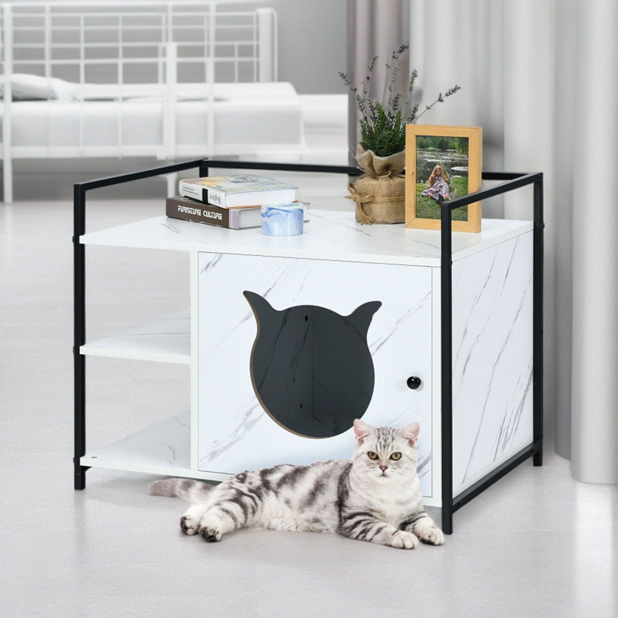 Pefilos 30" Cat Litter Box Enclosed Furniture Coffee Table for Cat House, Hidden Litterbox Enclosures Nightstand, White Pefilos 30" Cat Litter Box Enclosed Furniture Coffee Table for Cat House, Hidden Litterbox Enclosures Nightstand, White