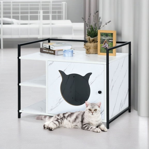 Pefilos 30" Cat Litter Box Enclosed Furniture Coffee Table for Cat House, Hidden Litterbox Enclosures Nightstand, White