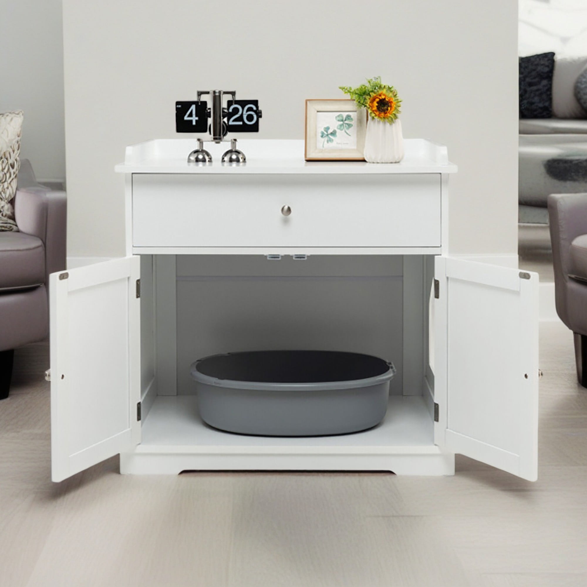 Pefilos 30" Cat Litter Box Furniture with Drawer, Cat Washroom Hidden Litter Box Enclosure, Indoor Wood Cat House Cabinet, White Pefilos 30" Cat Litter Box Furniture with Drawer, Cat Washroom Hidden Litter Box Enclosure, Indoor Wood Cat House Cabinet, White