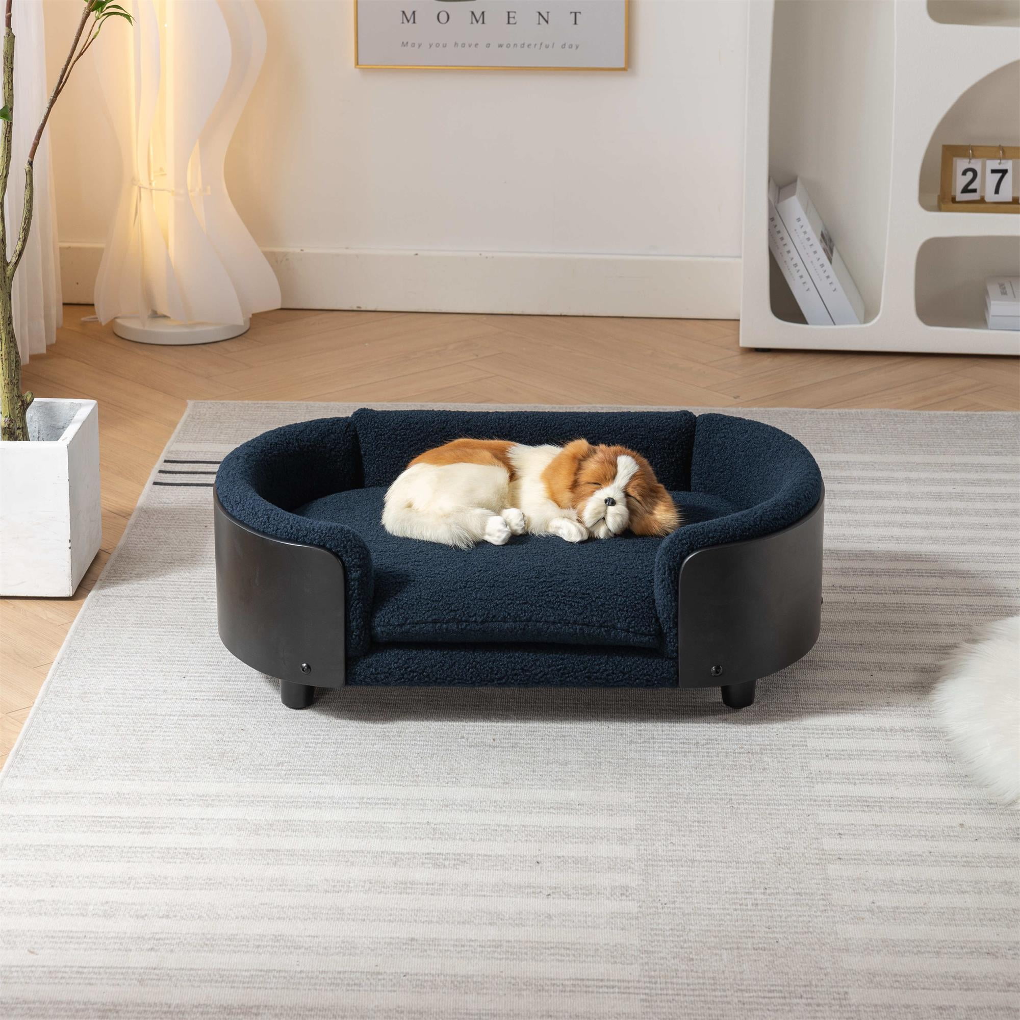 Pefilos 30" Elevated Pet Dog Bed with Solid Wood Legs and Black Bent Wood Back, Cashmere Cushion, Pet Sofa for Indoors Dogs, Dark Blue Pefilos 30" Elevated Pet Dog Bed with Solid Wood Legs and Black Bent Wood Back, Cashmere Cushion, Pet Sofa for Indoors Dogs, Dark Blue