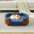 thumbnail image 1 of Pefilos 30" Elevated Pet Dog Bed with Solid Wood Legs and Walnut Bent Wood Back, Cashmere Cushion, Pet Sofa for Indoors Dogs, Dark Blue, 1 of 9