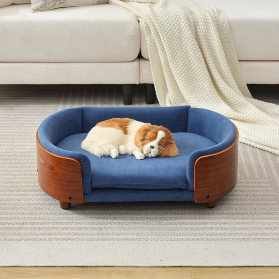 Pefilos 30" Elevated Pet Dog Bed with Solid Wood Legs and Walnut Bent Wood Back, Cashmere Cushion, Pet Sofa for Indoors Dogs, Dark Blue