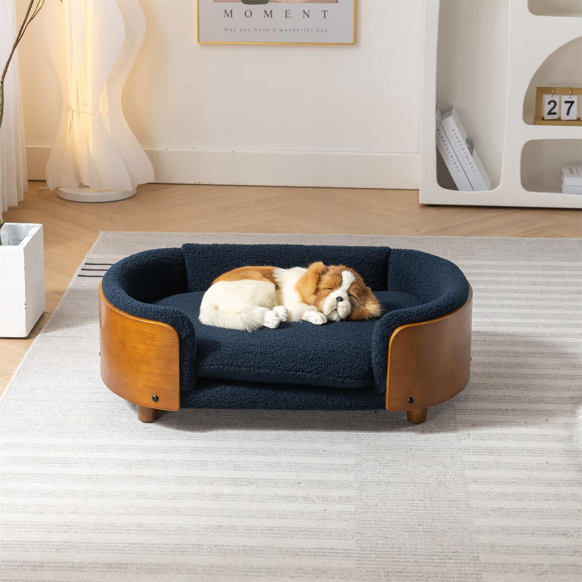 Pefilos 30" Elevated Pet Dog Bed with Solid Wood Legs and Walnut Bent Wood Back, Cashmere Cushion, Pet Sofa for Indoors Dogs, Dark Blue Pefilos 30" Elevated Pet Dog Bed with Solid Wood Legs and Walnut Bent Wood Back, Cashmere Cushion, Pet Sofa for Indoors Dogs, Dark Blue
