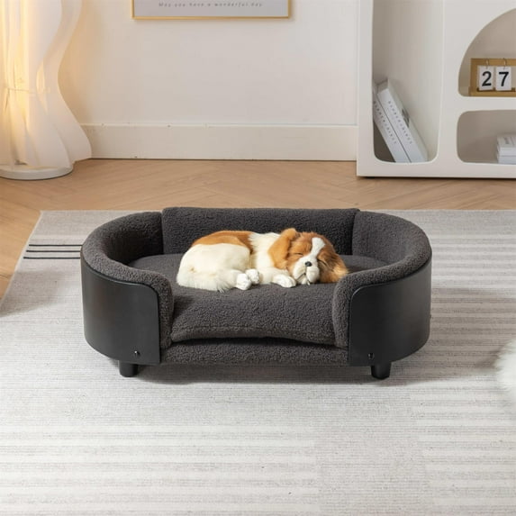 Pefilos 30" Elevated Pet Dog Bed with Solid Wood Legs and Walnut Bent Wood Back, Cashmere Cushion, Pet Sofa for Indoors Dogs, Dark Gray