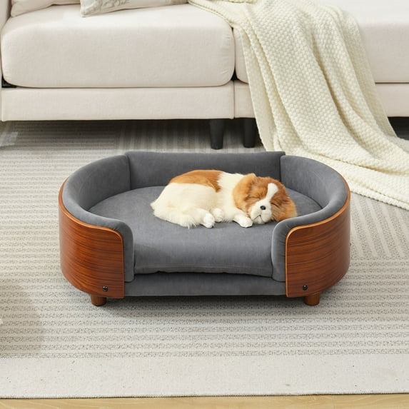 Pefilos 30" Elevated Pet Dog Bed with Solid Wood Legs and Walnut Bent Wood Back, Cashmere Cushion, Pet Sofa for Indoors Dogs, Gray