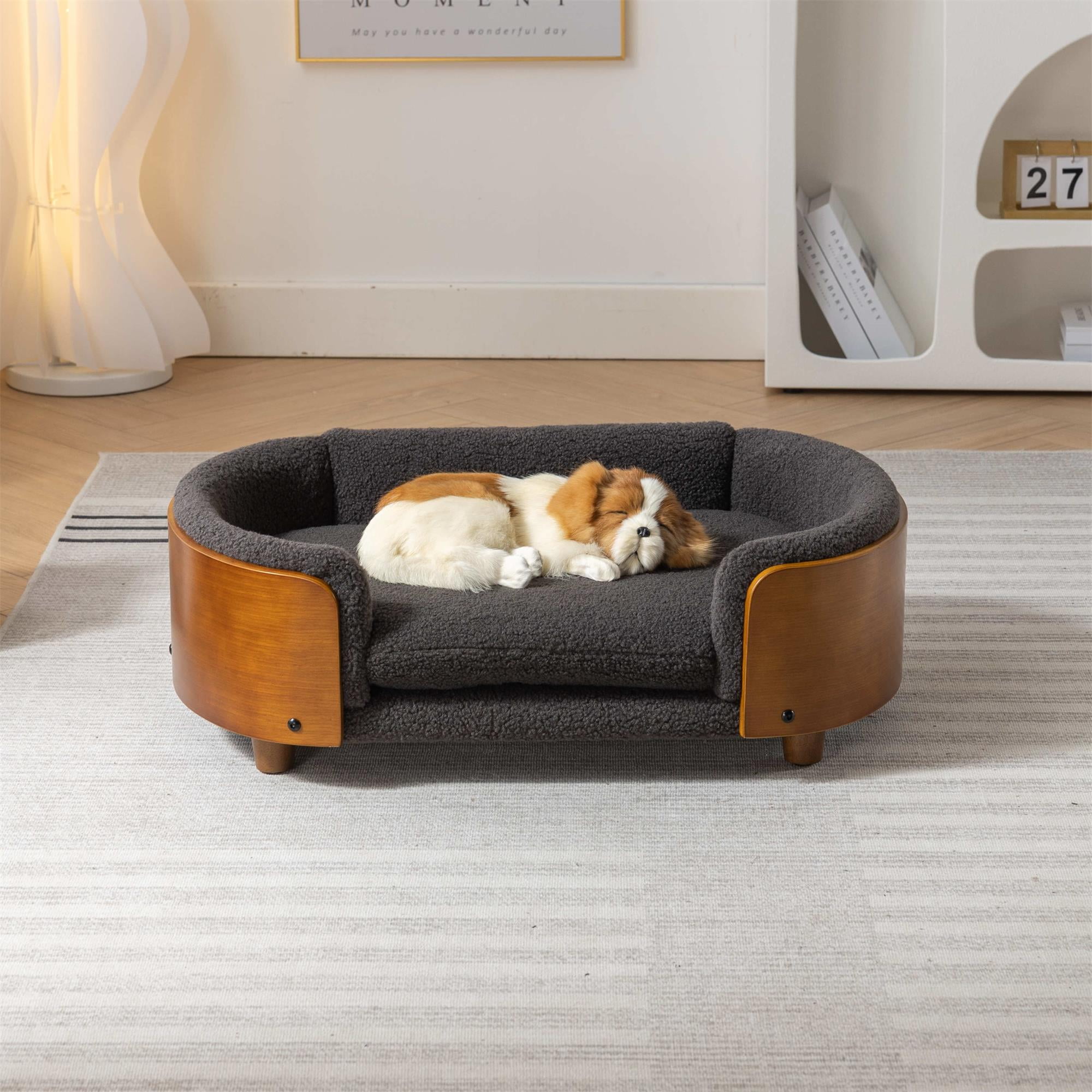 Pefilos 30" Elevated Pet Dog Bed with Solid Wood Legs and Walnut Bent Wood Back, Cashmere Cushion, Pet Sofa for Indoors Dogs, Gray Pefilos 30" Elevated Pet Dog Bed with Solid Wood Legs and Walnut Bent Wood Back, Cashmere Cushion, Pet Sofa for Indoors Dogs, Gray