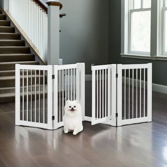 Pefilos 30" Height Freestanding Pet Gate, Solid Wood Folding Safety Fence Dog Gate with 4 Panels Ideal for Stairs, Doorways, Halls, Kitchens, White